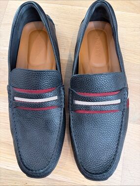 Men's Bally Black Pebbled Leather Slip-On Loafers with Red & White Stripes